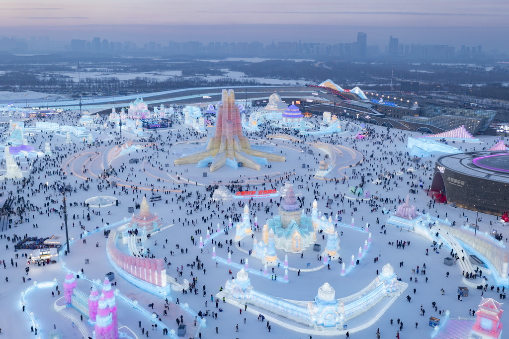 1月5日，游客在哈尔滨冰雪大世界园区游玩（无人机照片）。新华社记者 谢剑飞 摄