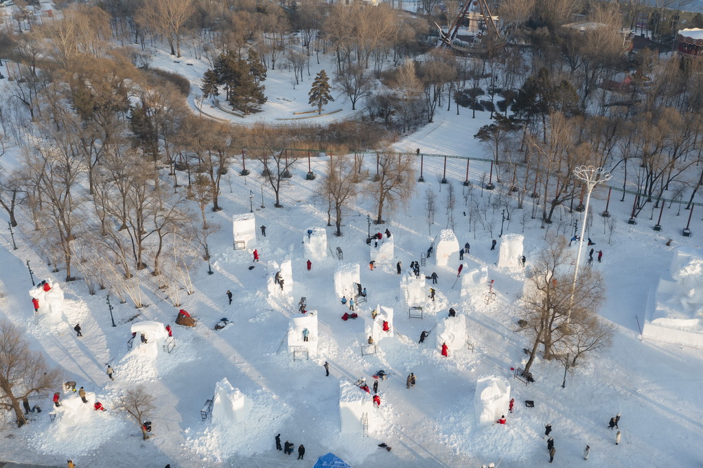 1月6日，参赛选手在哈尔滨太阳岛雪博会园区进行雪雕创作（无人机照片）。新华社记者 谢剑飞 摄