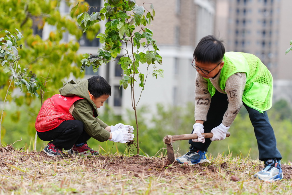 3月9日，小朋友在重庆市北碚区水土街道万寿社区健康健身公园进行义务植树。新华社发（秦廷富摄）