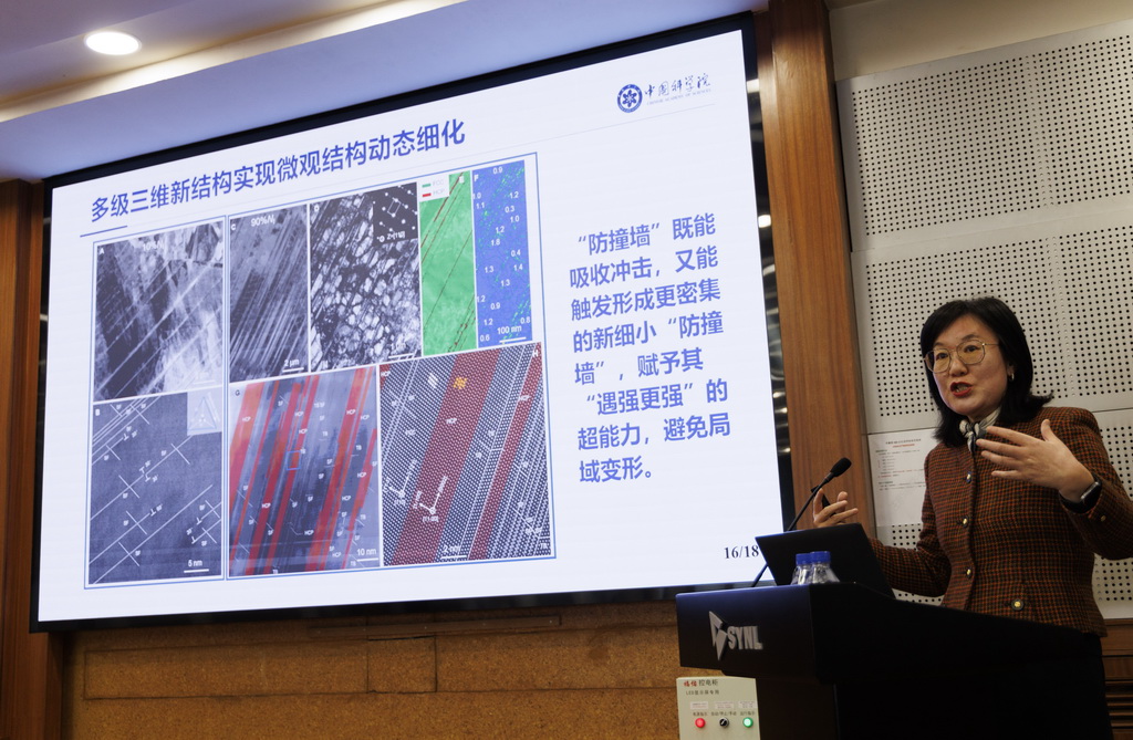 4月2日，在中国科学院金属研究所沈阳材料科学国家研究中心，卢磊研究员在介绍研究成果。