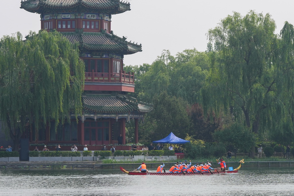 5月29日,2025中国大运河文化带京杭对话配套活动“河之端”龙舟赛在北京市西城区什刹海进行,杭州市龙舟队在比赛中。新华社记者 鞠焕宗 摄