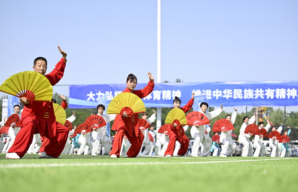 6月10日，群众在活动上参加百人功夫扇展演。