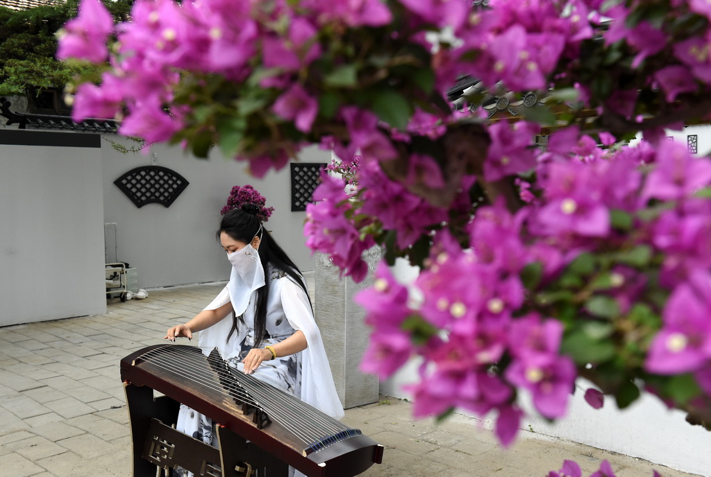 6月28日，演员在圆明园“荷韵梅芳 御苑双姝”双花展现场演奏。