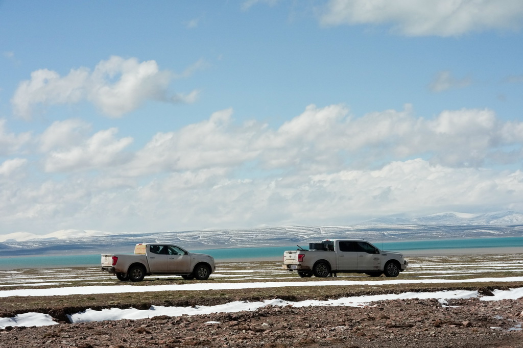 巡山队员在可可西里卓乃湖附近巡护(7月3日摄)。