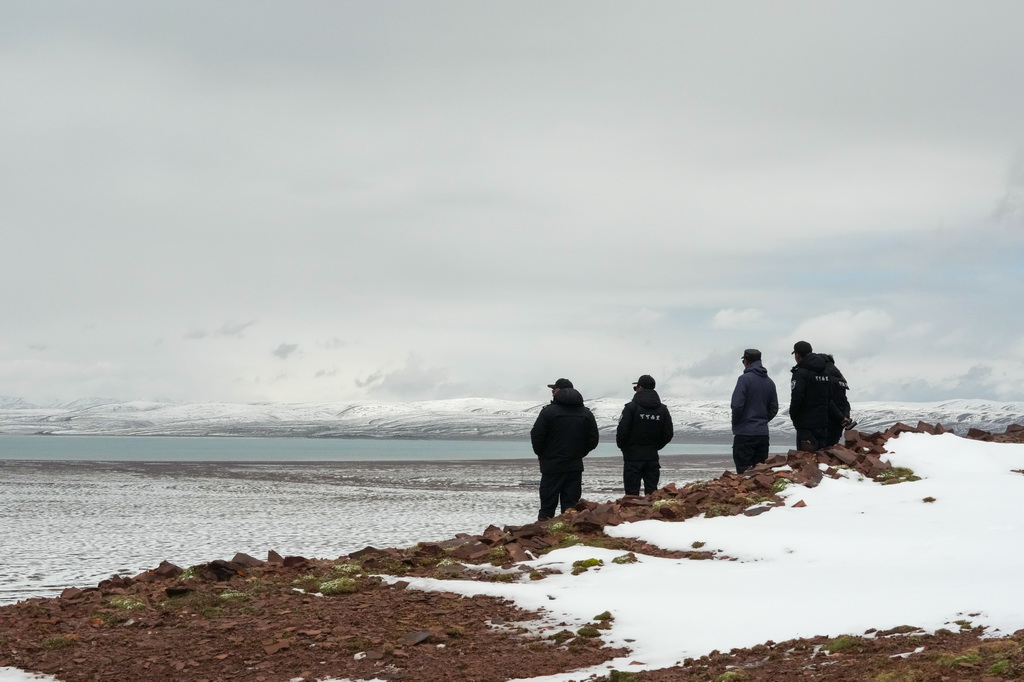 巡山队员在可可西里卓乃湖附近巡护(7月3日摄)。