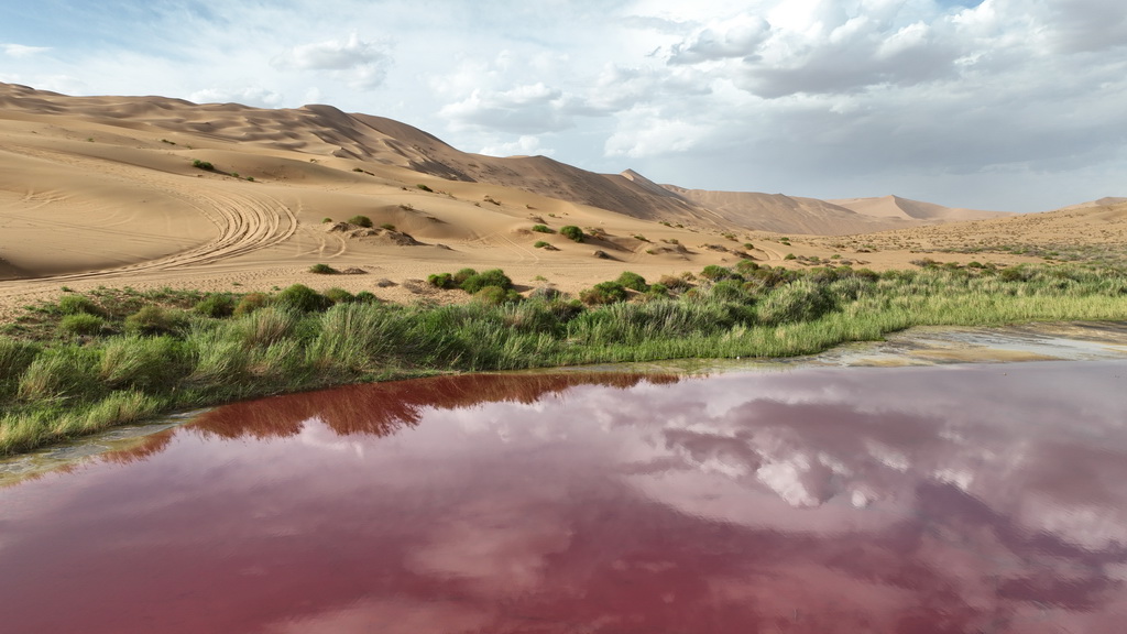 2024年7月30日在内蒙古阿拉善盟阿拉善右旗拍摄的巴丹吉林沙漠中的红海子(无人机照片)。新华社记者 贝赫 摄