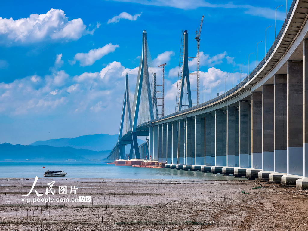 8月8日，建设中的浙江省宁波市象山港跨海大桥。