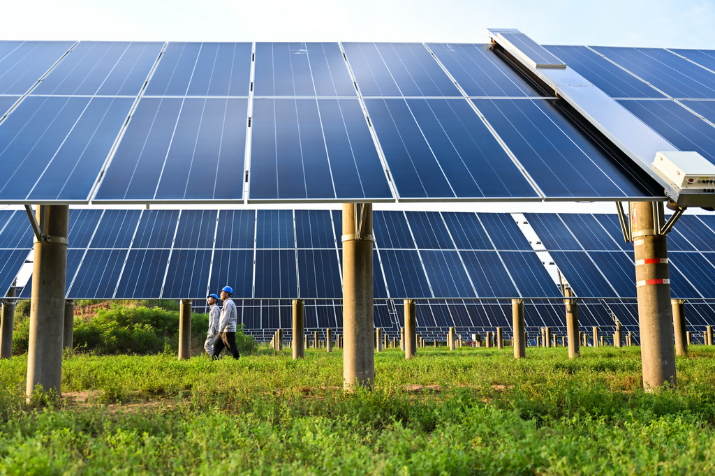 工人在天骄绿能50万千瓦采煤沉陷区生态治理光伏发电示范项目区巡查光伏板（7月30日摄）。