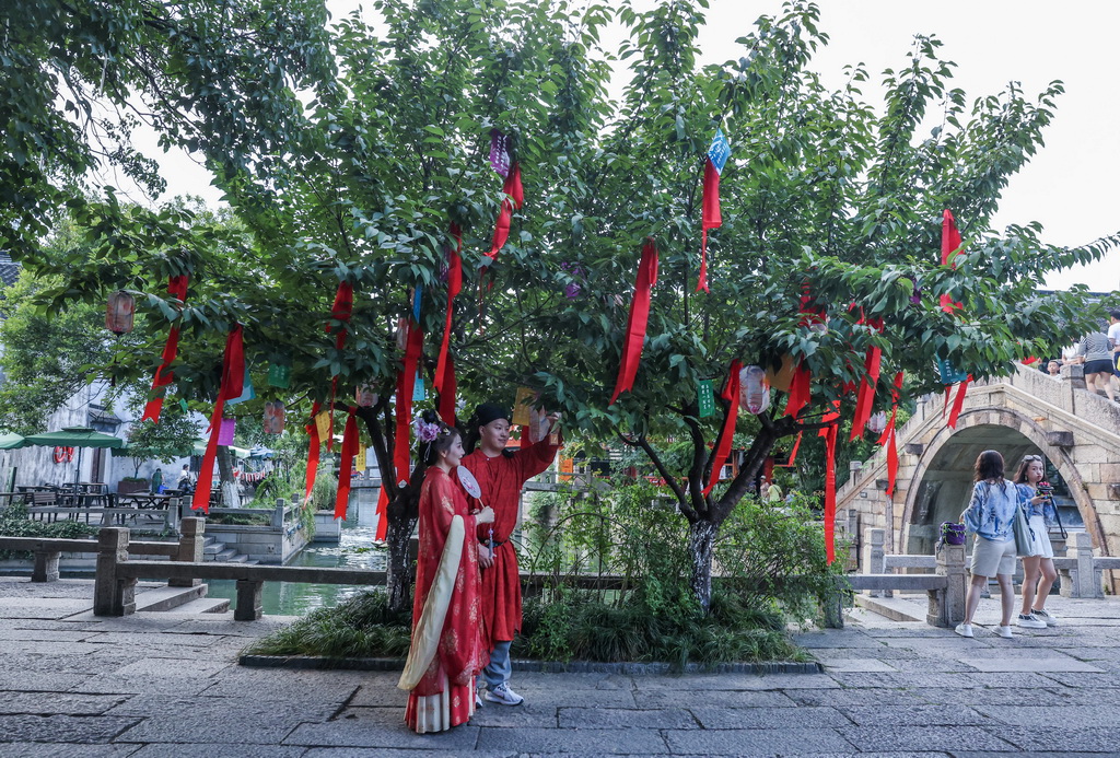 8月26日,在嘉兴市南湖区月河历史街区,游客身着传统服饰在七夕许愿树下拍照。