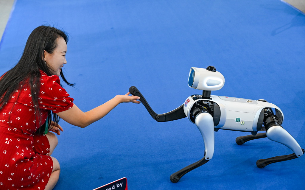 9月4日，嘉宾在2025世界智能产业博览会会场与智能伴随机器人互动。新华社记者 王全超 摄