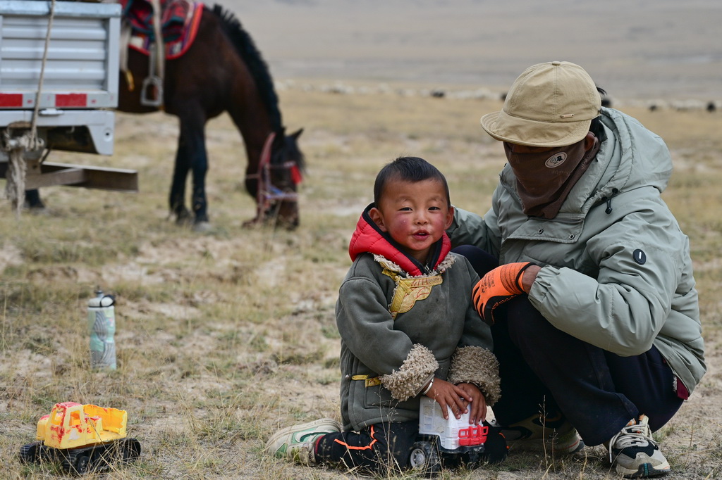 9月9日，在青海省海西蒙古族藏族自治州都兰县，牧民龙宫的小孙子在转场休息时玩汽车玩具。