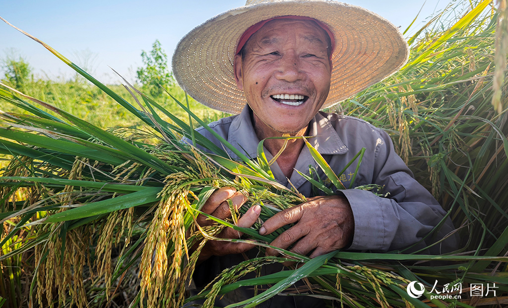 9月16日，湖北省荆州市两县街村村民展示丰收成果。人民网记者 王郭骥摄