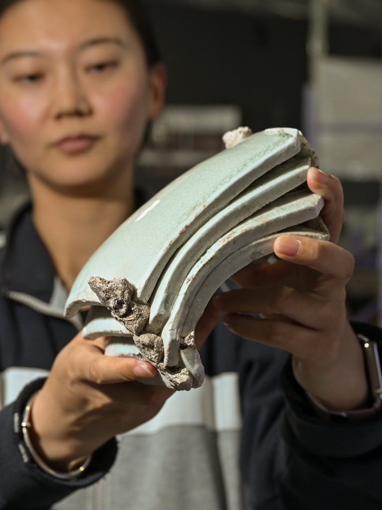 一位工作人员在苏峪口瓷窑址考古队文物库房内展示发掘出土的白瓷板瓦标本（10月13日摄）。新华社记者 李贺 摄