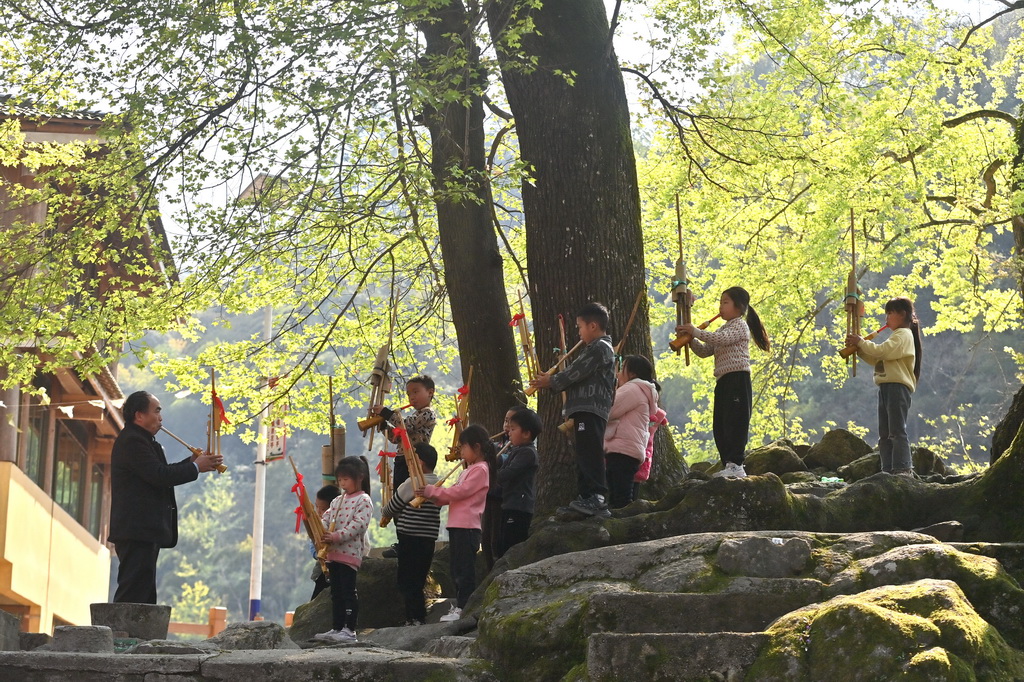 在广西柳州市融水苗族自治县杆洞乡乌英苗寨，师生们在树下吹芦笙（2025年3月28日摄）。
