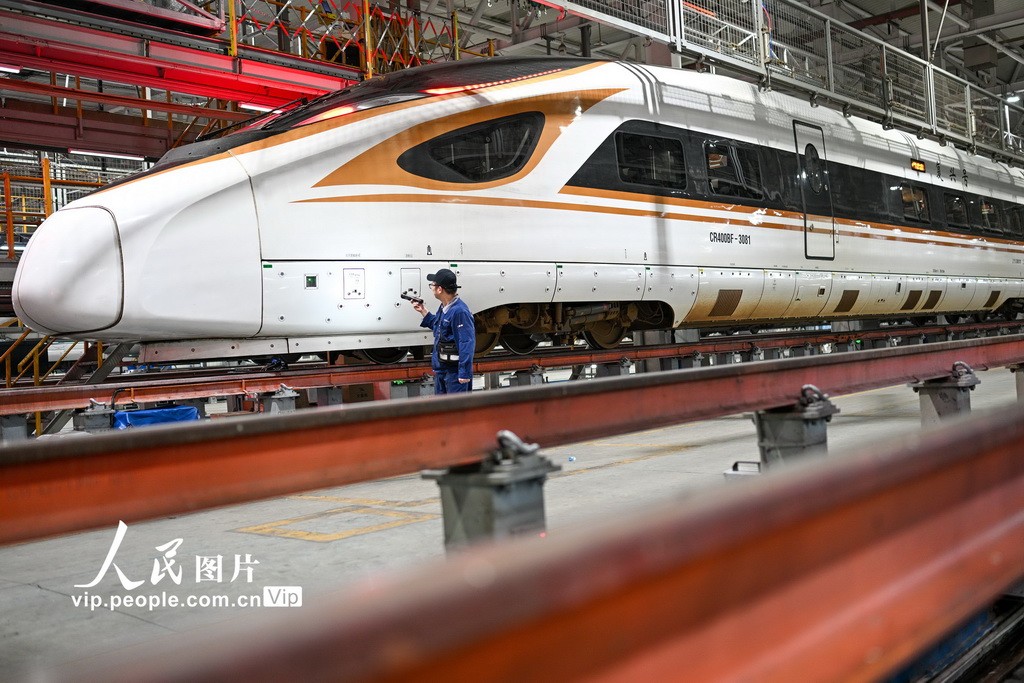 2025年11月15日凌晨，在南京动车段南京南动车运用所检修库，地勤机械师对车体外表进行检查。