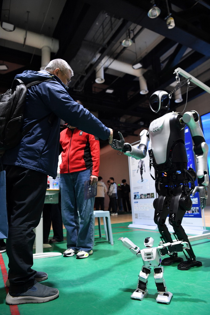 11月15日，在人形机器人演示现场，一名参观者与一款人形机器人握手。