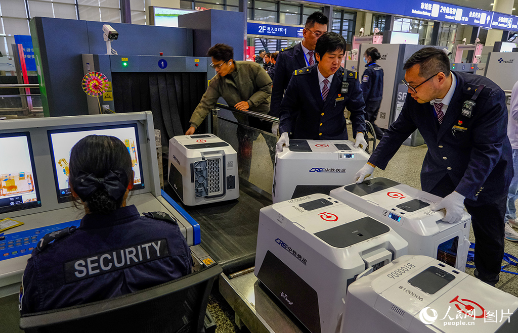 工作人员转运宠物进站安检。