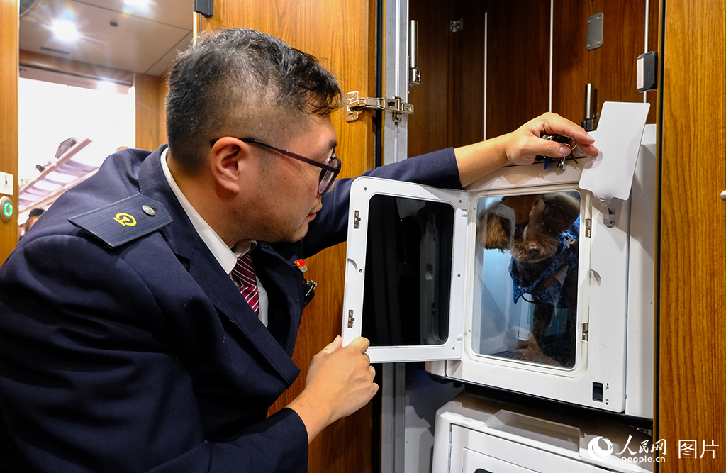 高铁运行中工作人员巡视宠物实时动态情况。