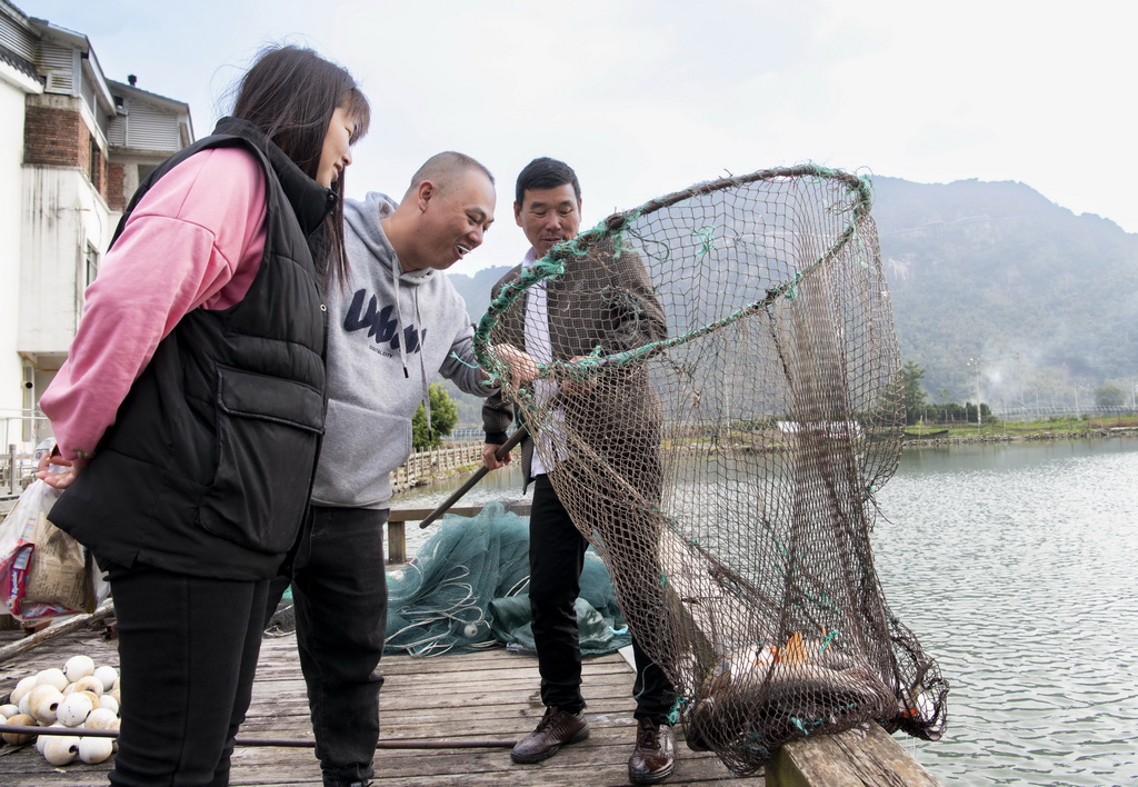 12月3日，赤溪村村民（右一）在向游客展示他养殖的中华倒刺鲃。