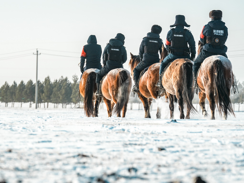 12月2日，“海东青”骑警队骑警在内蒙古呼伦贝尔市陈巴尔虎旗的雪原上巡逻。新华社记者 达日罕 摄