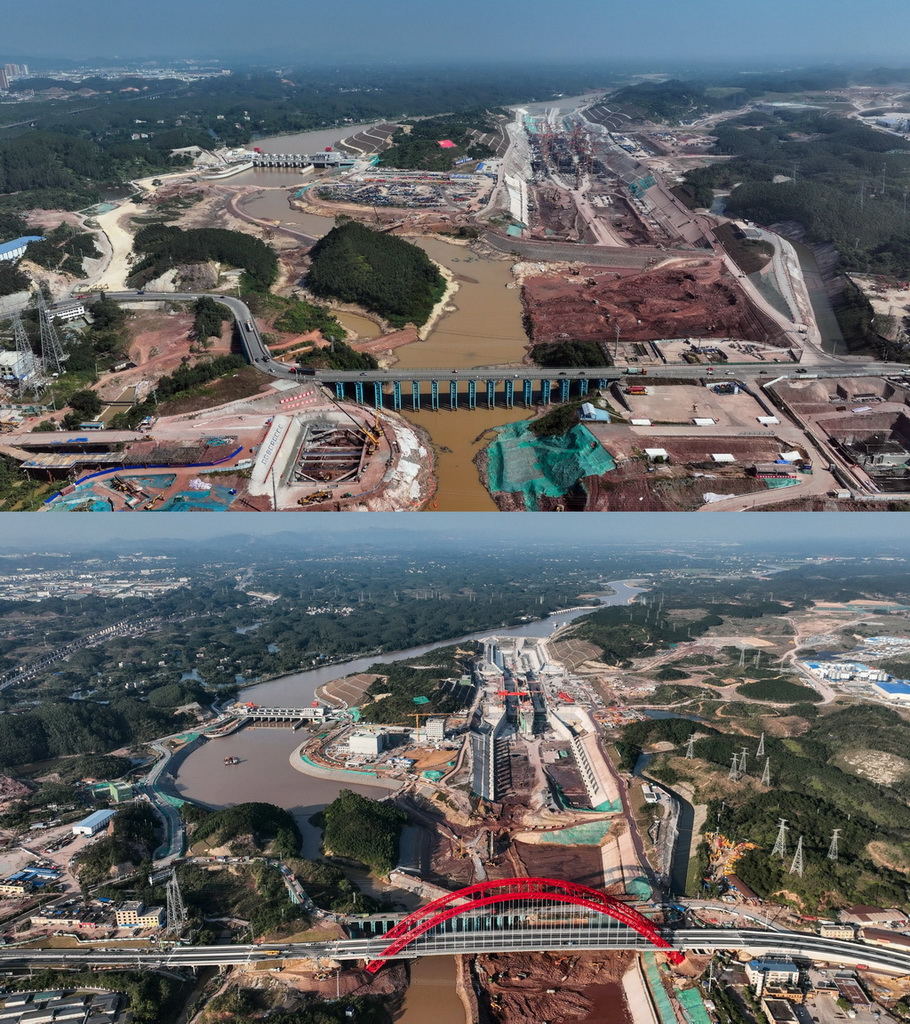 拼版照片：上图是2024年10月9日拍摄的平陆运河青年枢纽（无人机照片）；下图是2025年12月17日拍摄的平陆运河青年枢纽（无人机照片）。新华社记者 张爱林 摄