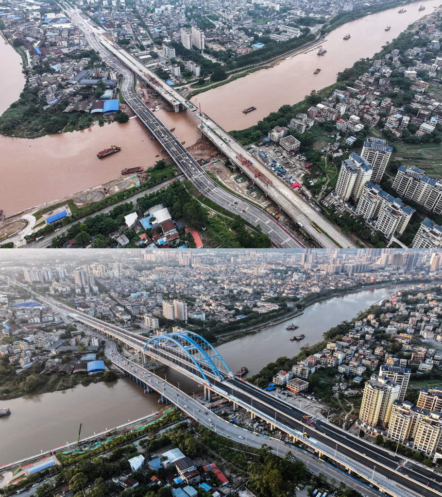 拼版照片：上图是2024年4月25日拍摄的钦州三桥（无人机照片）；下图是2025年12月17日拍摄的钦州三桥（无人机照片）。新华社记者 张爱林 摄