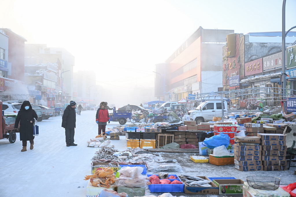 12月26日，市民在内蒙古呼伦贝尔市根河市一处早市选购商品。