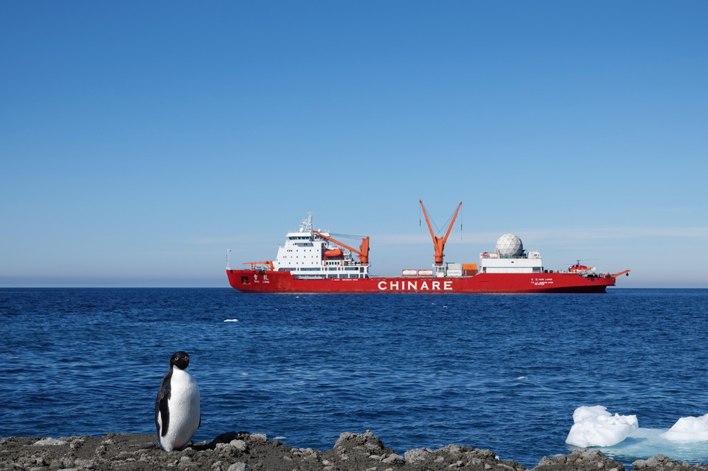 12月29日在秦岭站海域拍摄的“雪龙”号极地科考破冰船。