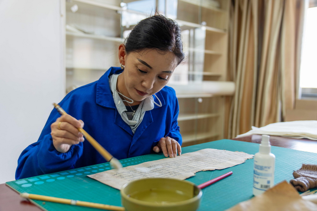 2025年8月13日，西藏自治区古籍保护中心古籍修复员次仁央宗在对古籍进行除霉。新华社记者 旦增尼玛曲珠 摄