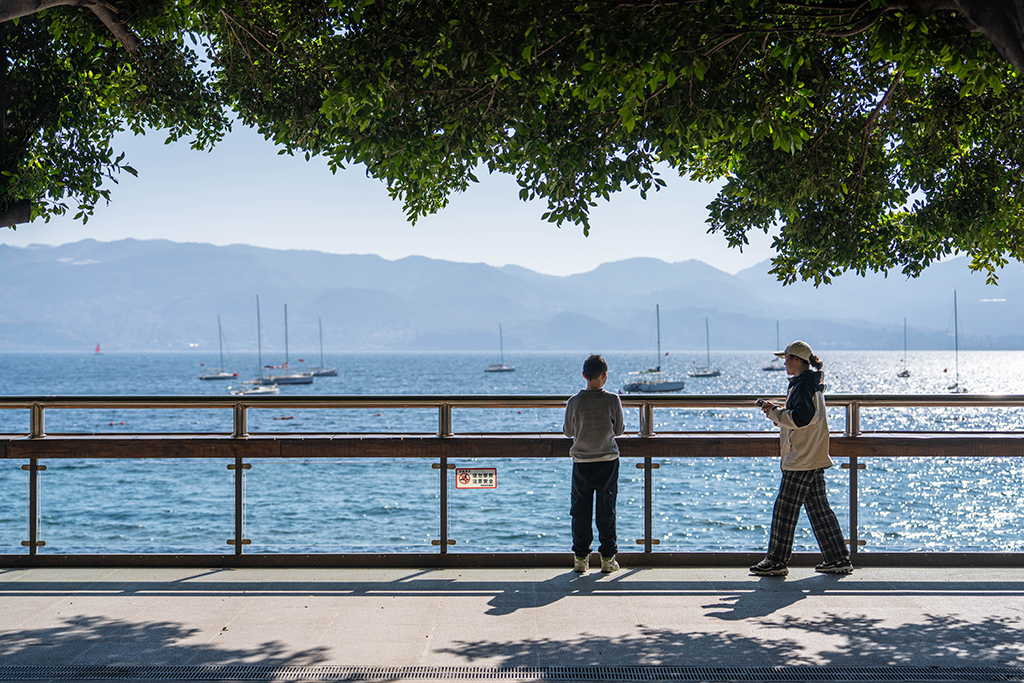 1月27日，游客在云南省玉溪市抚仙湖畔游玩。