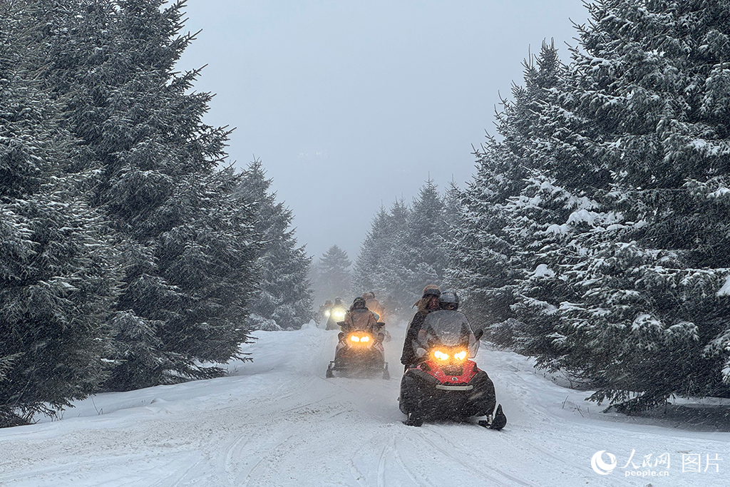 2025年12月23日，在吉林延边安图县雪岭景区，游客乘坐雪地摩托驰骋在林海雪原。人民网记者 李思玥摄