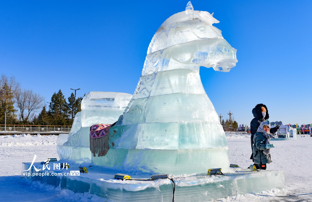 内蒙古锡林郭勒：马文化主题冰雪雕塑引游客【7】