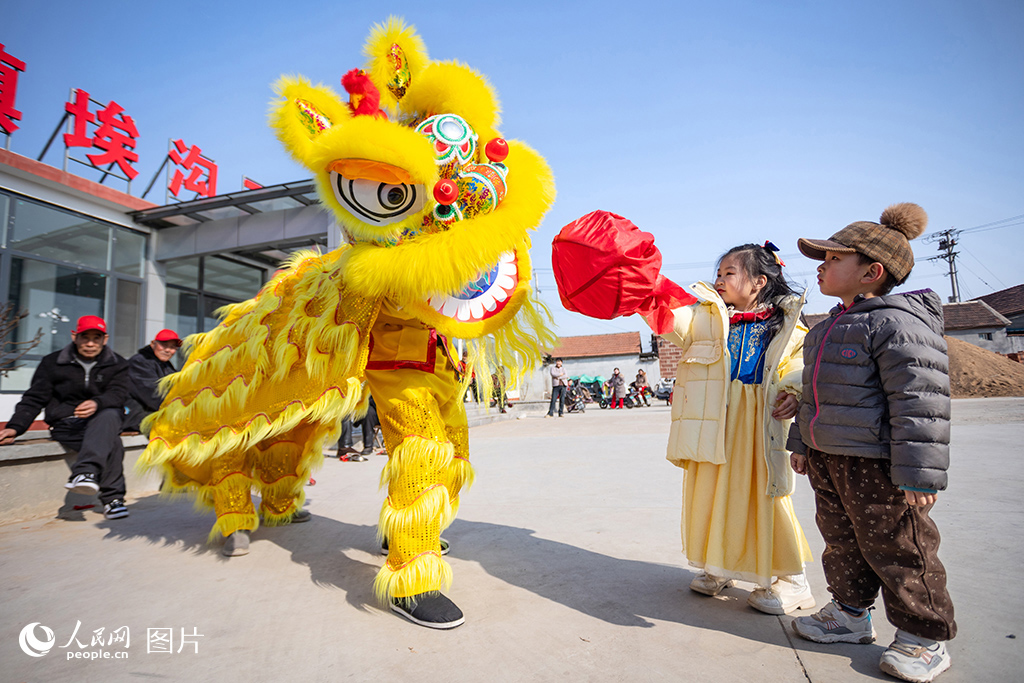 2026年2月18日农历正月初二，山东临沂莒南县团林镇埃沟二村年味正浓。村民们自发组织划旱船民俗表演，铿锵锣鼓与飞扬彩绸交织，以原汁原味的传统盛宴欢庆新春。人民网记者 刘祺摄