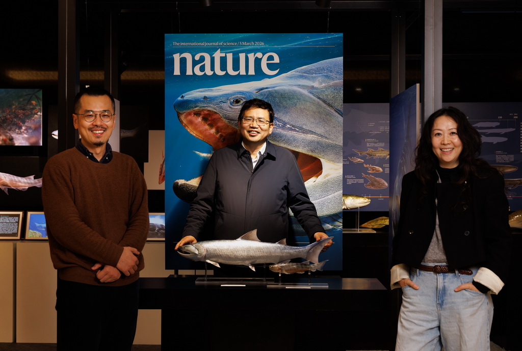 3月3日,在中国科学院古脊椎动物与古人类研究所,朱敏院士(中)和卢静(右)、朱幼安研究员合影。