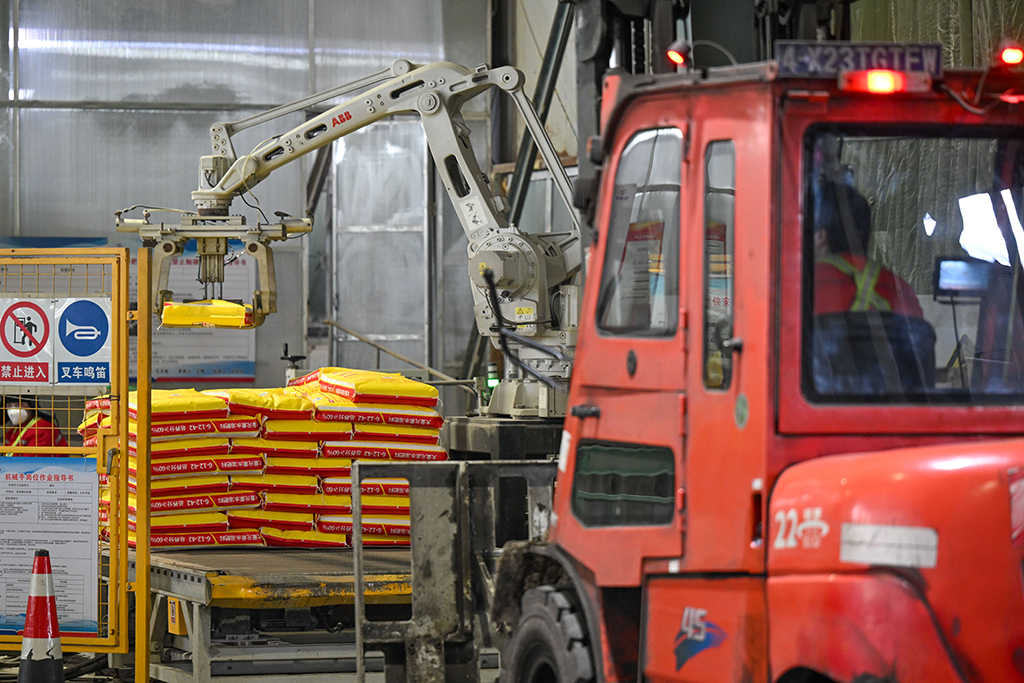 在位于新疆昌吉回族自治州玛纳斯县的新疆心连心能源化工有限公司，自动码垛机器人在生产线上作业（3月4日摄）。