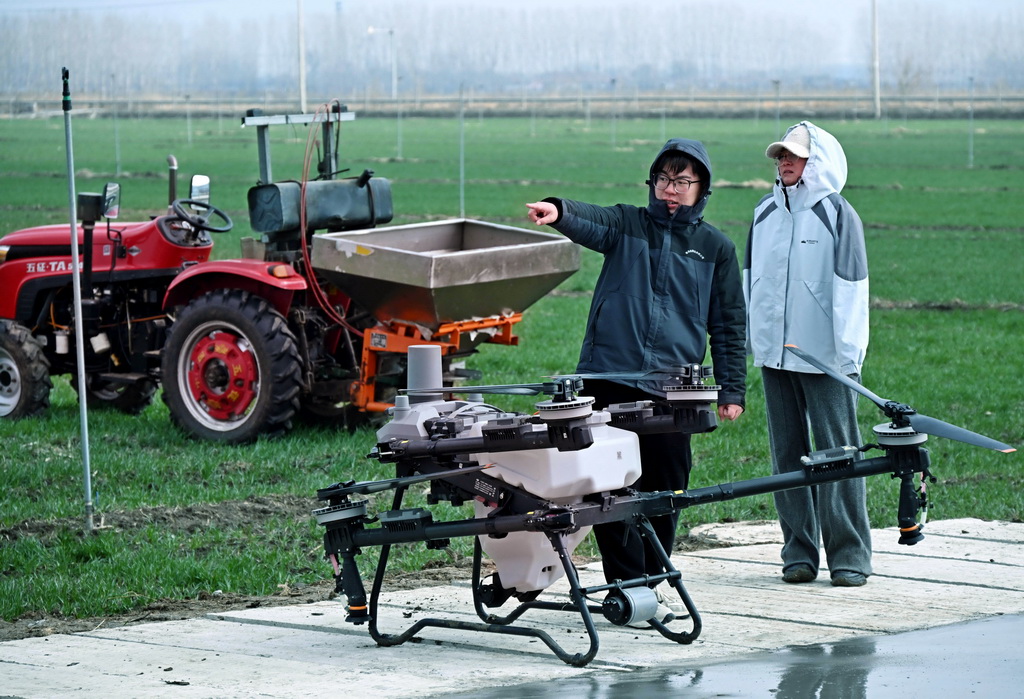 3月6日，在青岛市即墨区蓝村街道壮武村，飞手在规划植保无人机作业范围。
