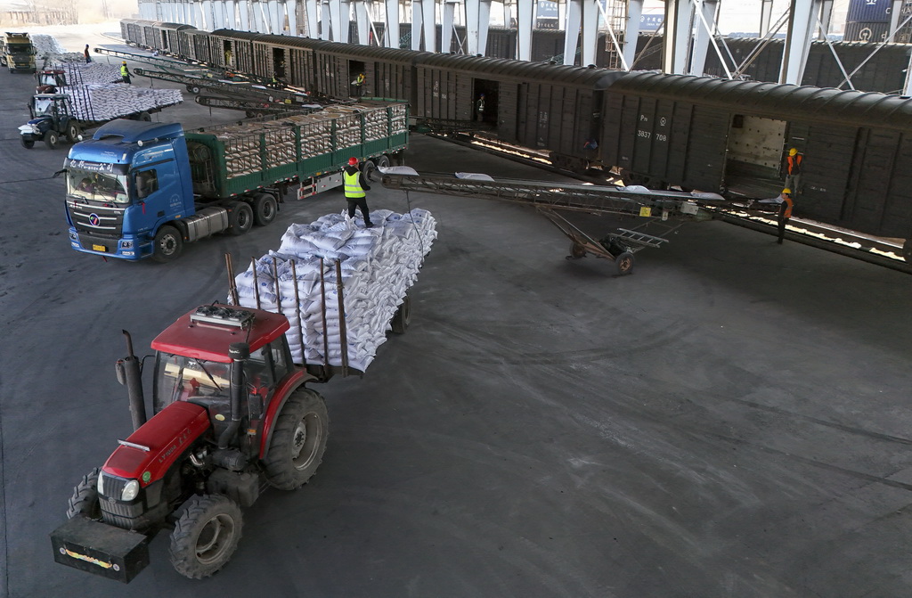 3月17日，工人在位于绥化市的哈尔滨铁路物流中心绥化营业部农资装卸作业现场卸化肥（无人机照片）。