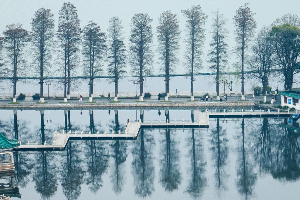 市民在武汉市东湖绿道锻炼(3月22日摄,无人机照片)。新华社记者 肖艺九 摄