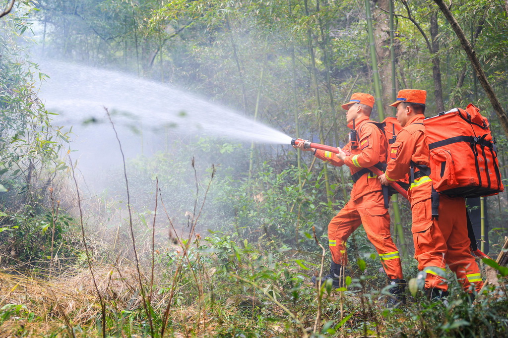 3月24日，在浙江省宁波市鄞州区东吴镇，当地综合森林火灾应急救援队队员进行森林防灭火应急处置演练。新华社记者 江汉 摄