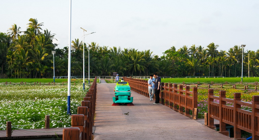 智能清扫机器人在海南省琼海市博鳌镇南强村作业(3月23日摄)。新华社记者 杨冠宇 摄