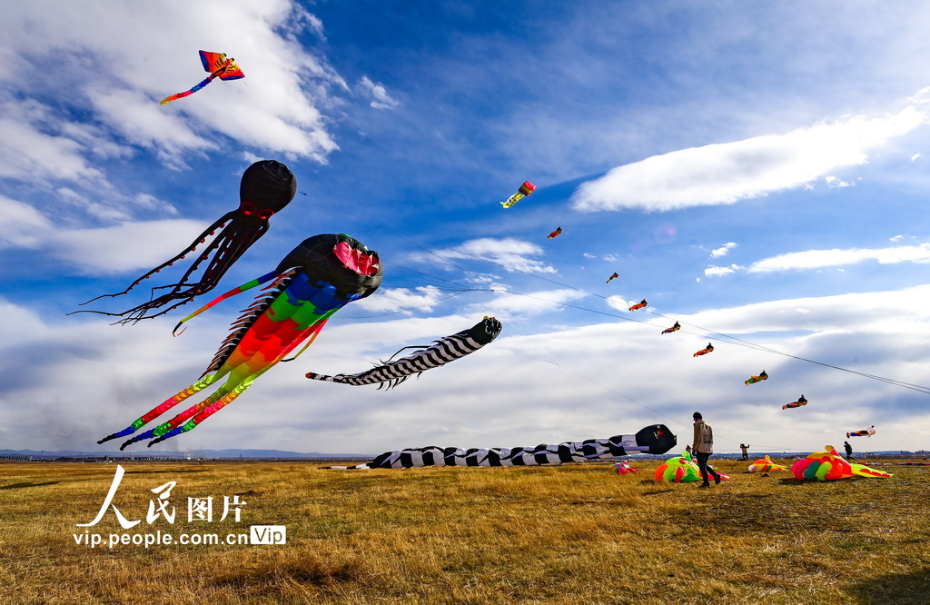 2026年4月5日，风筝爱好者在呼和浩特敕勒川草原放飞大型软体风筝。