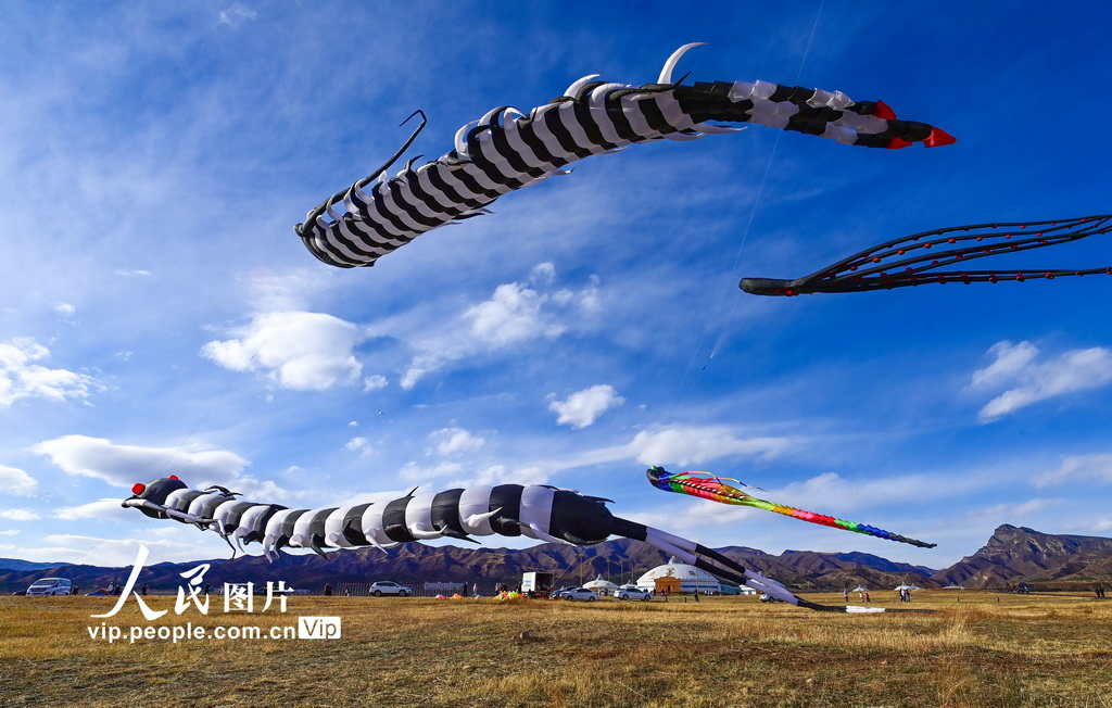 2026年4月5日，风筝爱好者在呼和浩特敕勒川草原放飞大型软体风筝。