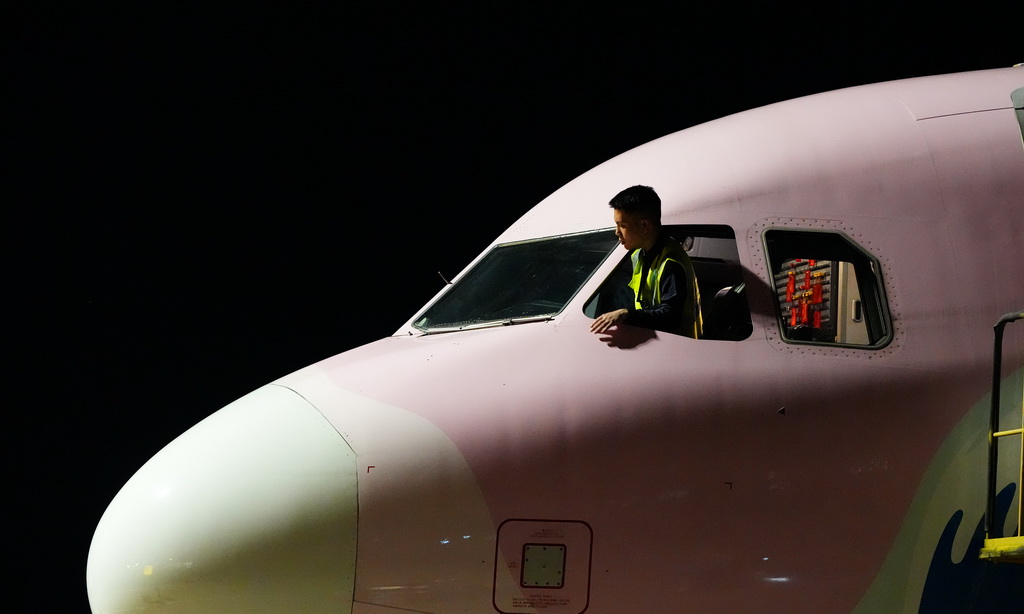 在海口美兰国际机场停机坪上,南航工程技术分公司机务工程师对“消博号”彩绘飞机进行深度检查(4月4日摄)。